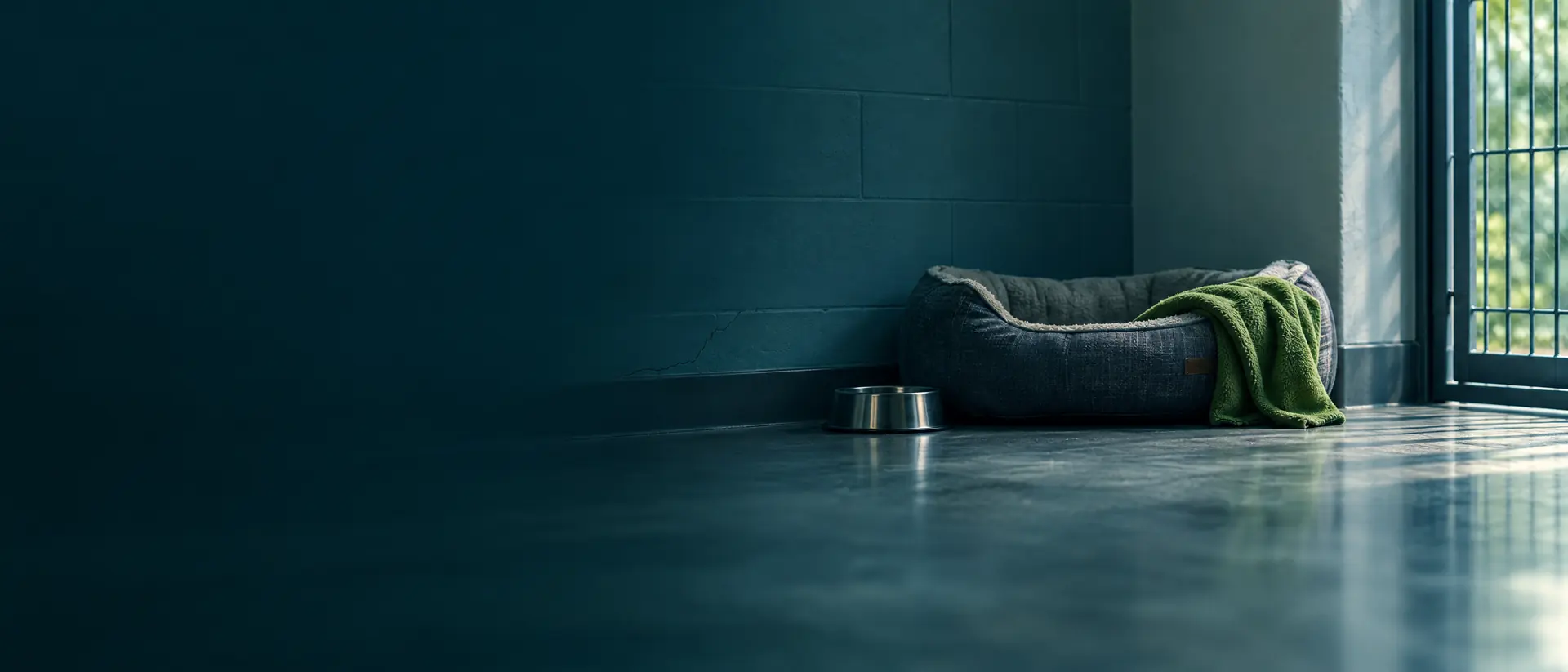 Empty kennel interior with clean concrete floor, baseboard and a fine wall crack