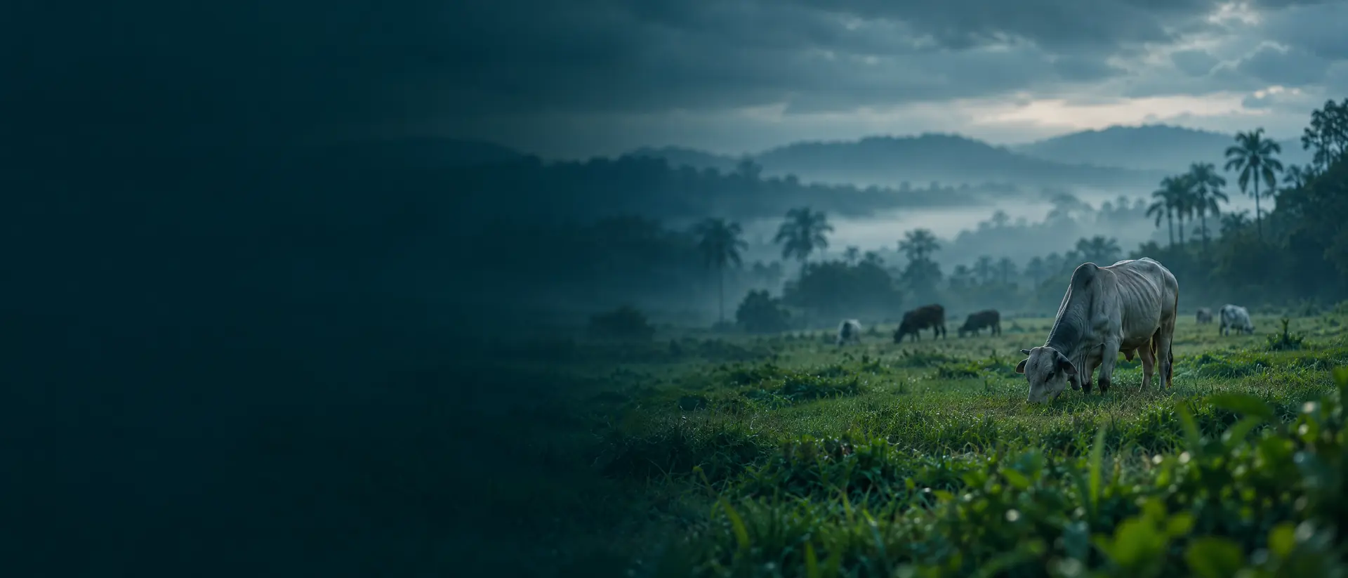 Tropical pasture under humid haze with cattle grazing far in the distance