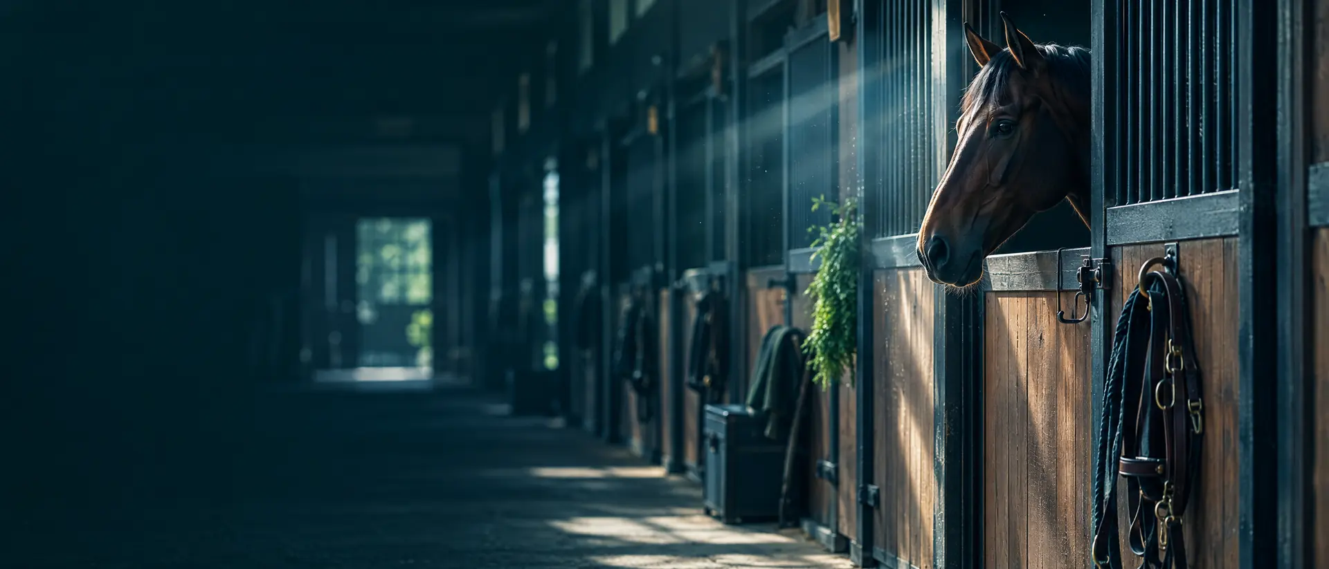 Stable aisle with wooden stall doors and hanging tack in slanted light