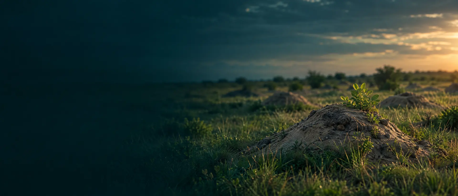 Southern pasture in evening light with scattered low sandy soil mounds