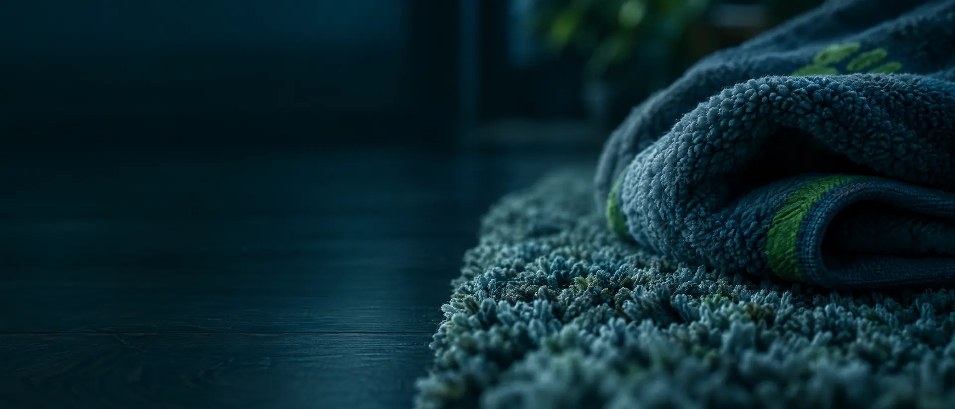 Carpet fibers and a folded pet blanket at floor level in low light