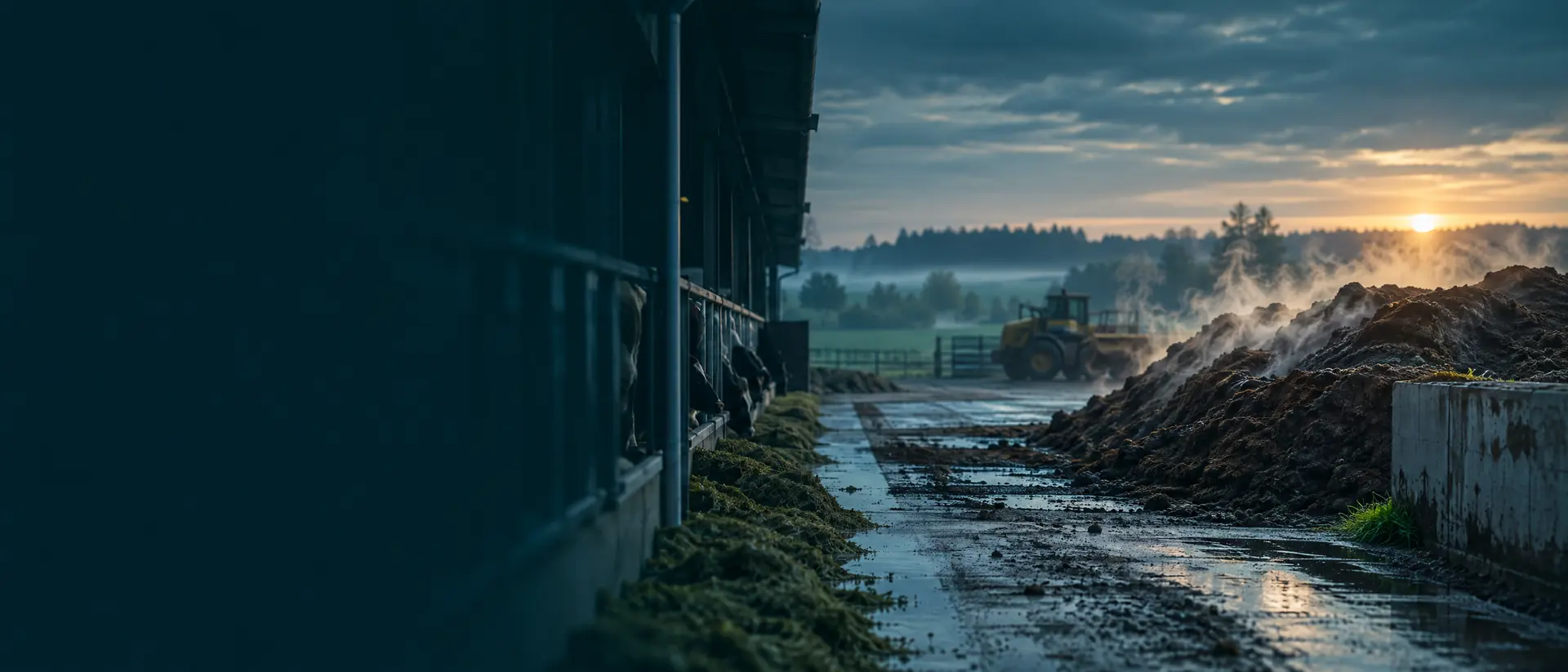 Livestock farm manure storage area and feed alley at dawn with rising steam