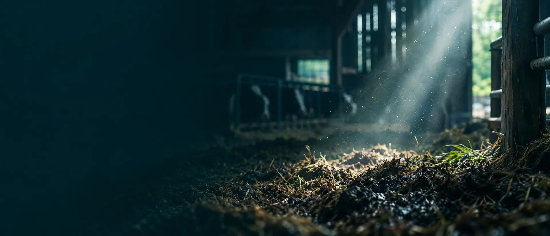 Damp barn litter and bedding with a beam of light revealing floating dust