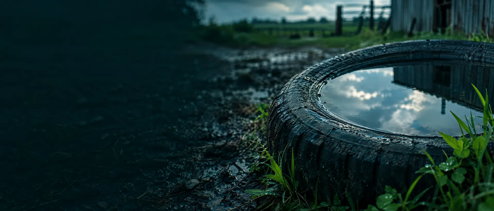 Rainwater pooled in a discarded tire at the edge of a farmyard