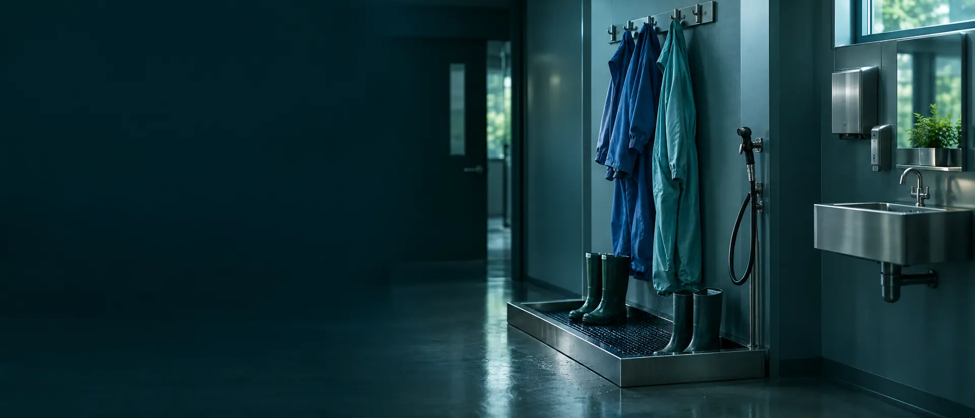 Layer house anteroom with a boot wash tray, coveralls on hooks and a sink