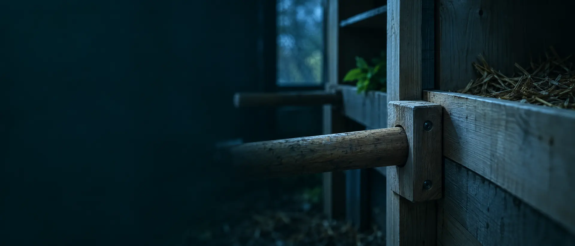 Wooden perch joints and nest box corners in a dim hen house at night