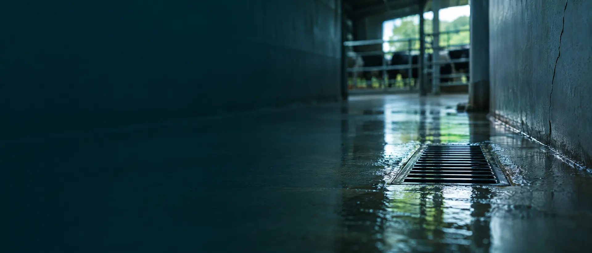 Floor drain and a fine wall crack in a cleaned livestock building