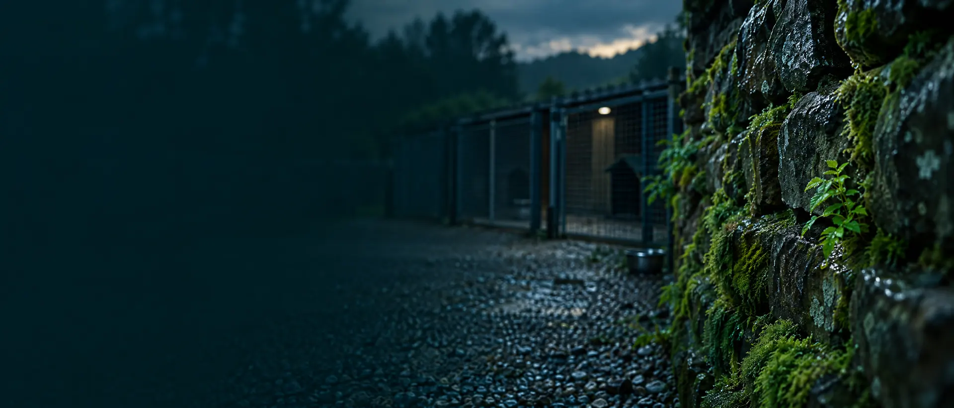 Wet mossy stone wall edge beside a gravel kennel yard at dusk