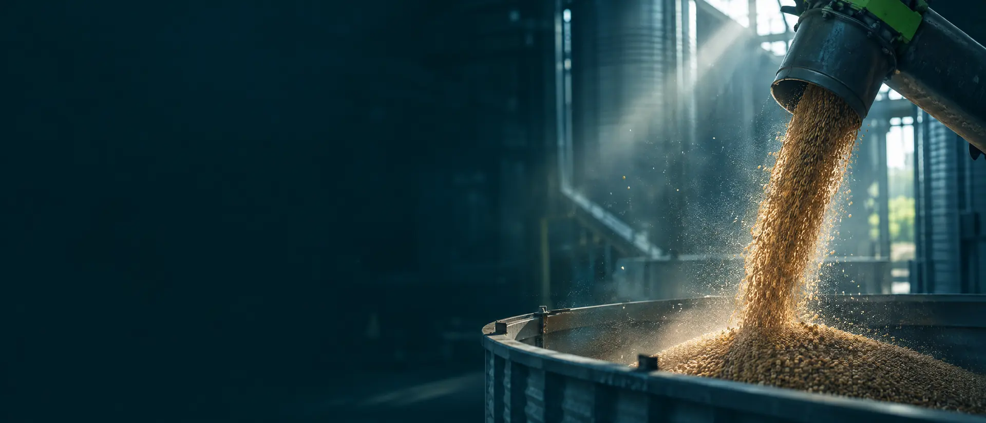 Grain flowing from an auger into a bin with dust in a shaft of light