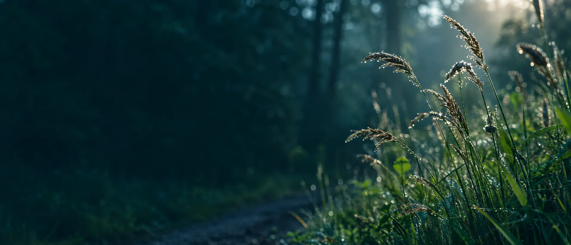 Dew-covered tall grass tips along a trail edge at dawn