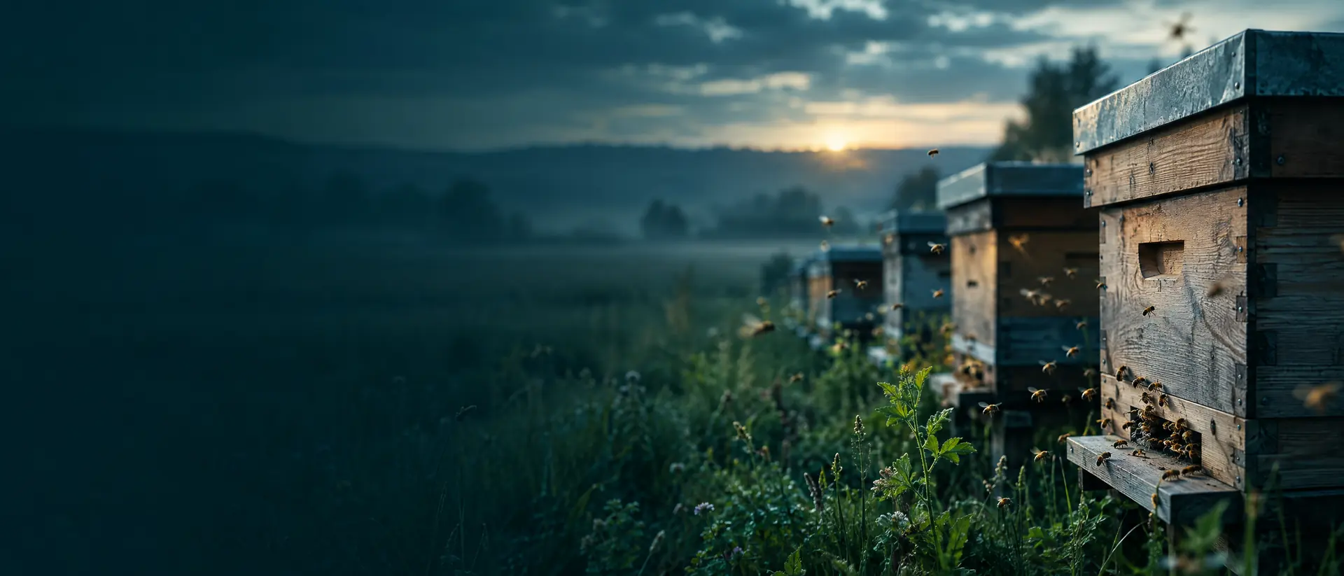 Row of wooden beehive boxes in a meadow apiary at dawn
