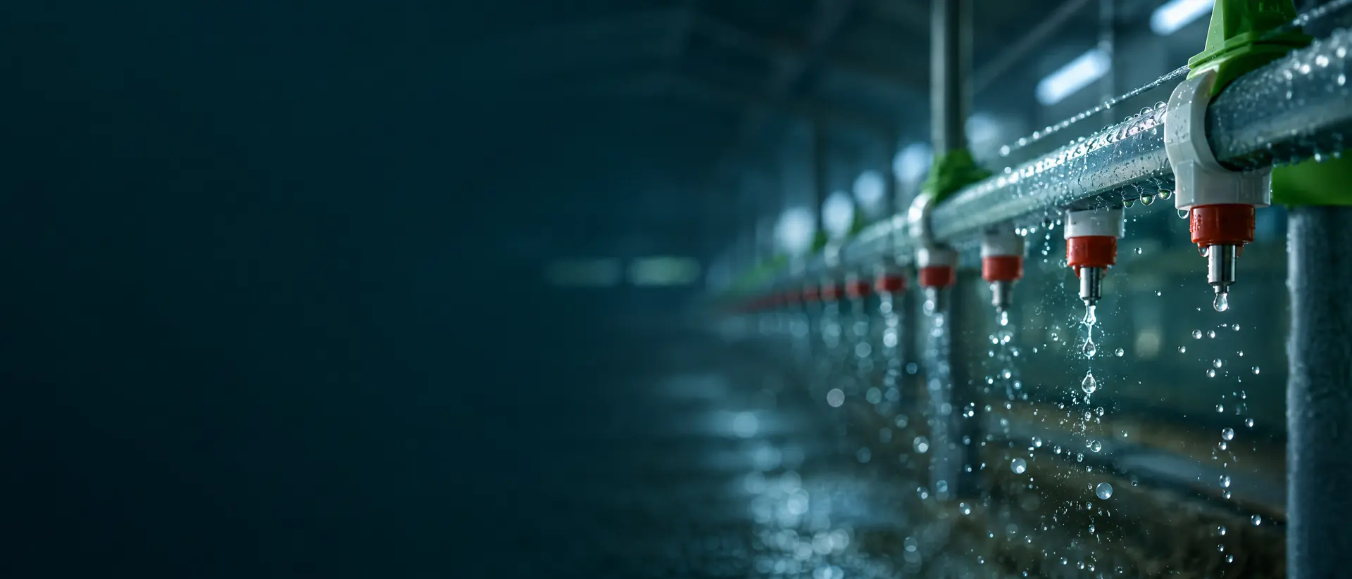 Row of nipple drinkers on a water line in an empty poultry house