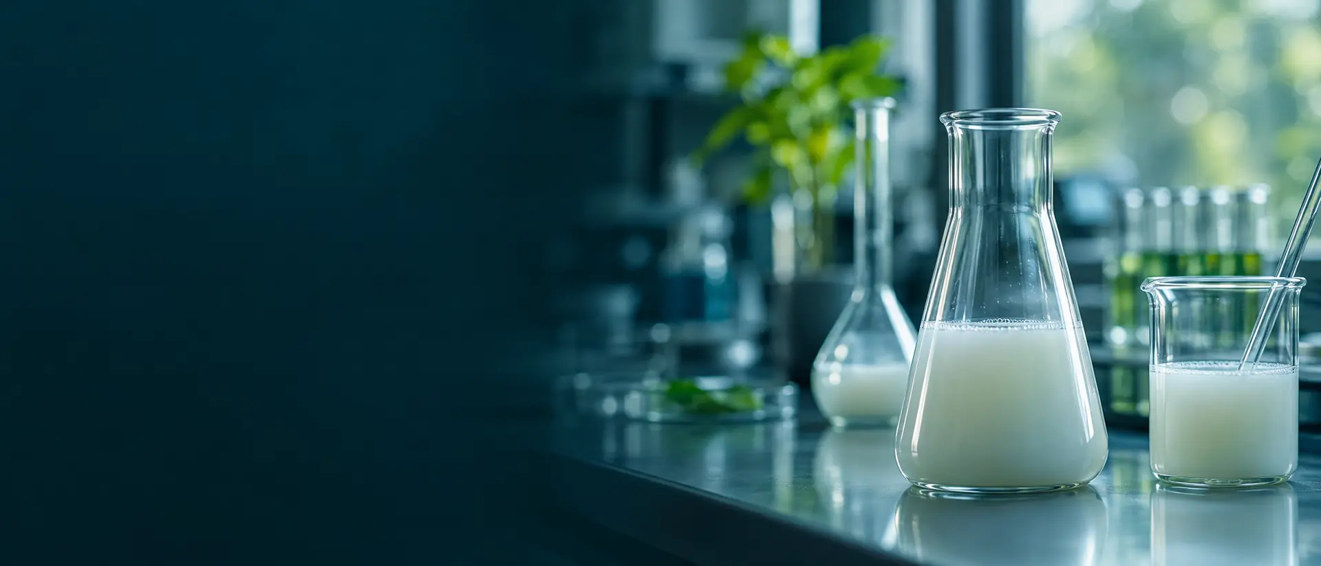 Soft-focus lab glassware holding a pale milky emulsion by a window