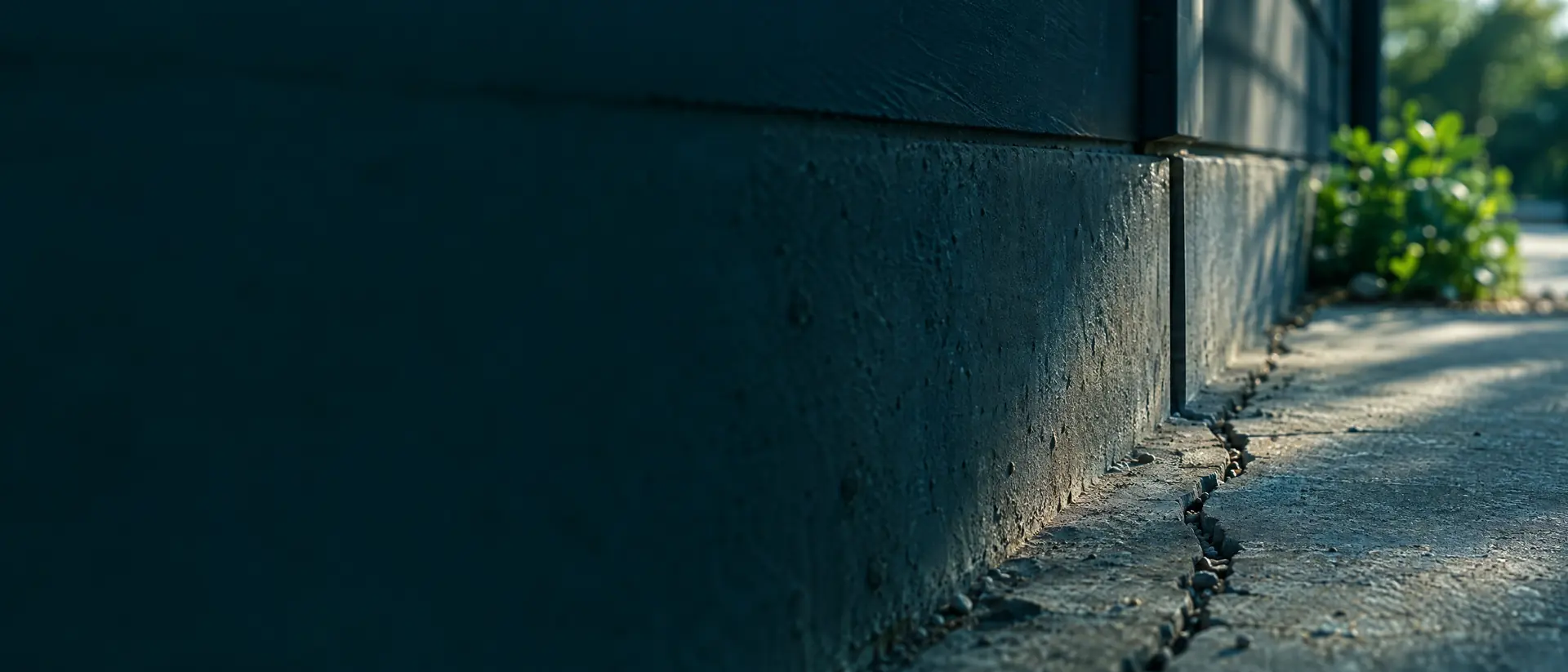 Concrete foundation crack and expansion joint in raking morning light
