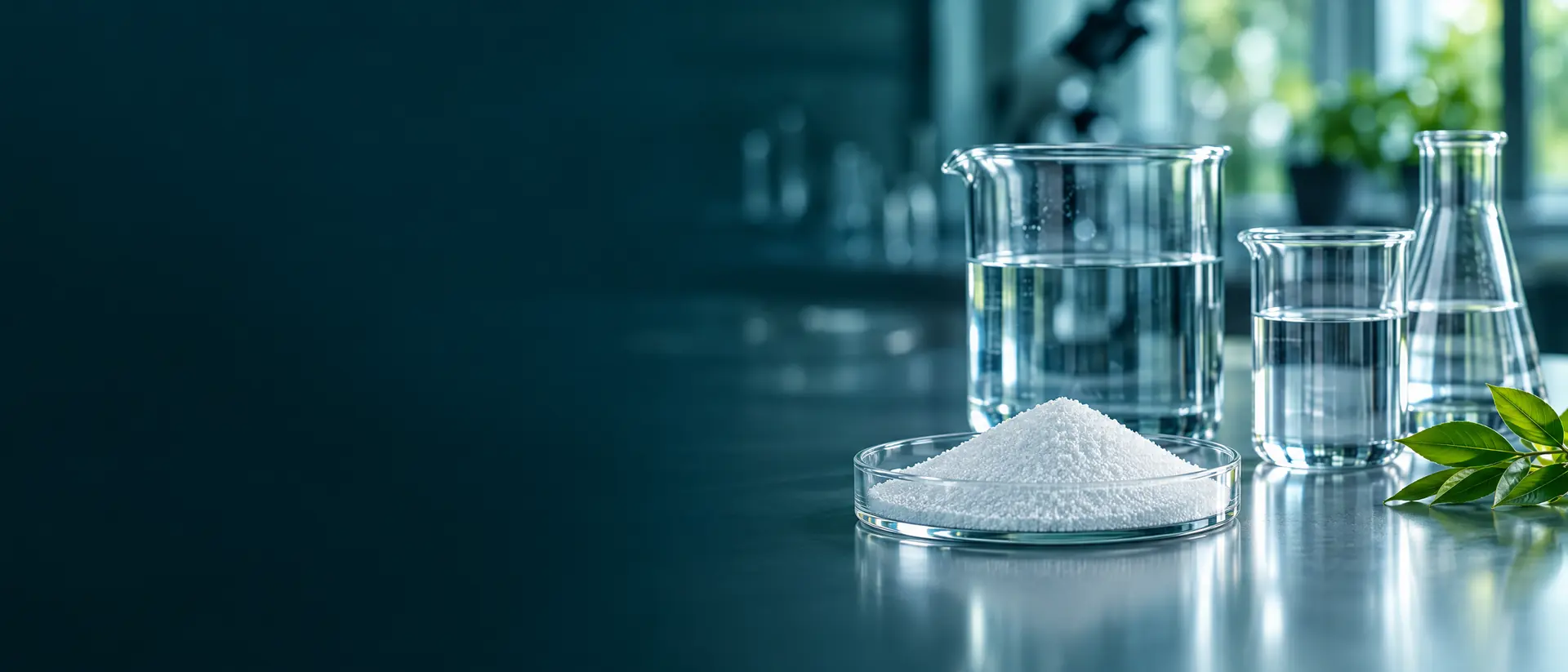 Glass beakers of water and a dish of white powder on a softly lit lab bench