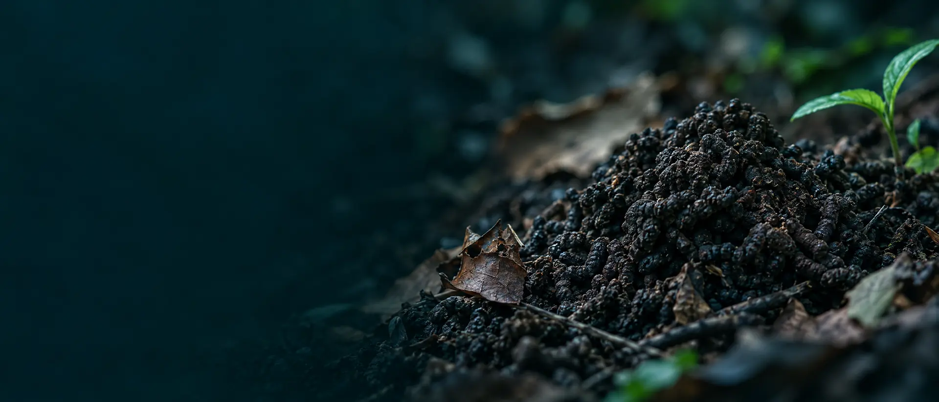 Dark granular castings resembling coffee grounds on a bare forest floor