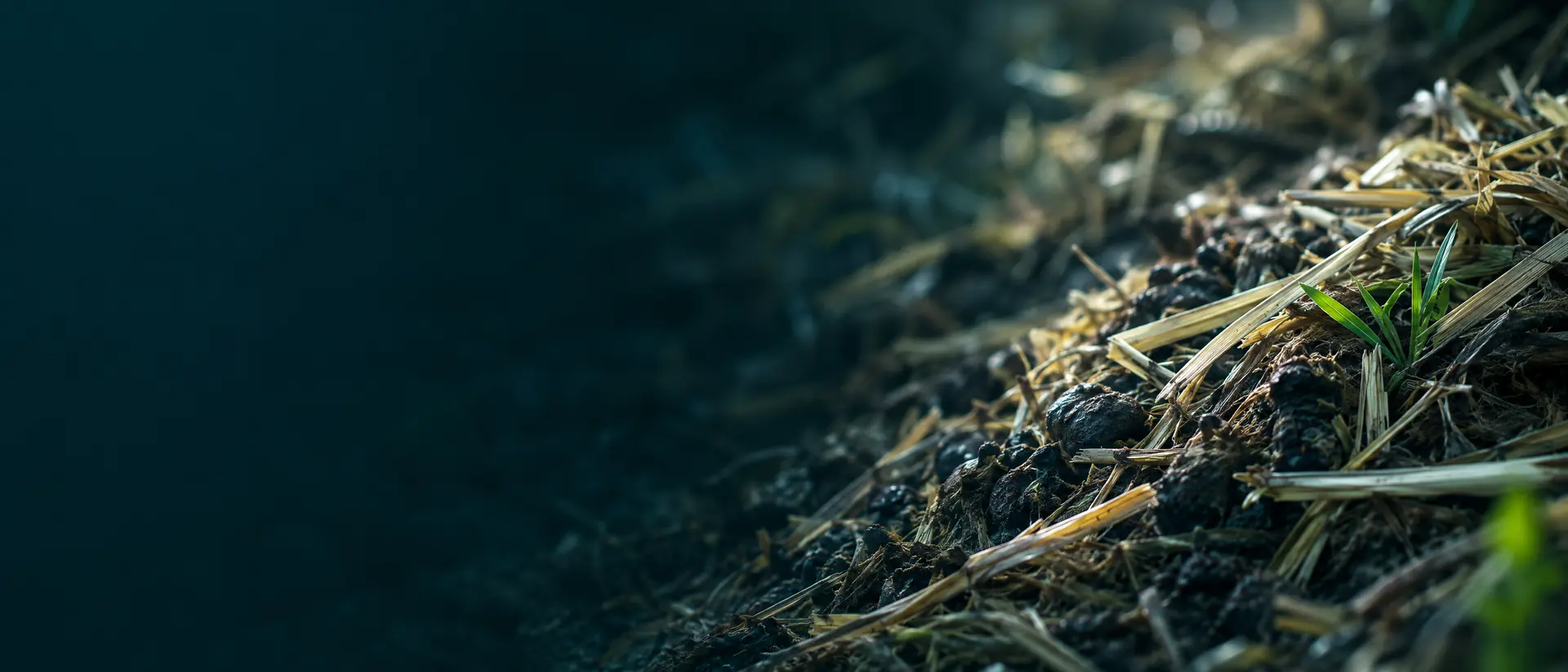 Close-up of straw stable bedding and darkened litter in soft side light