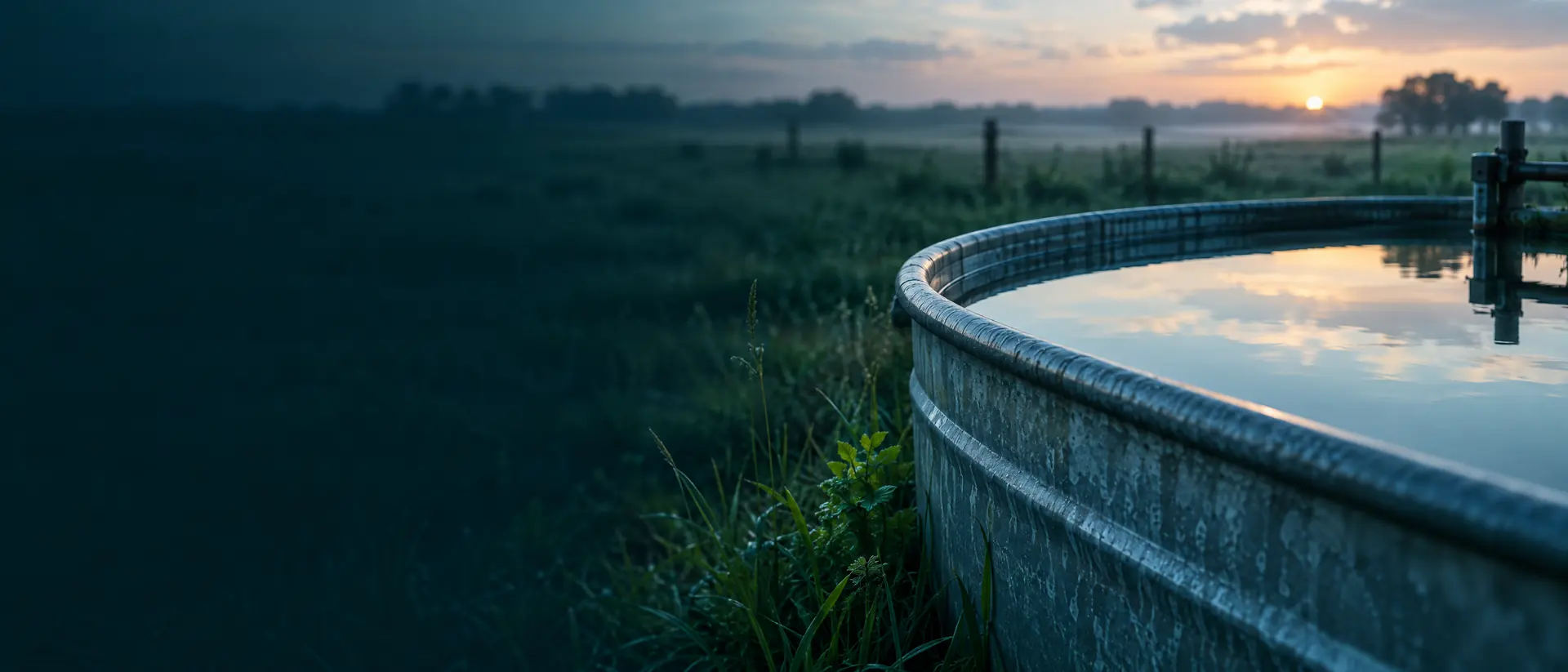 Galvanized livestock water trough at dawn with still reflecting water