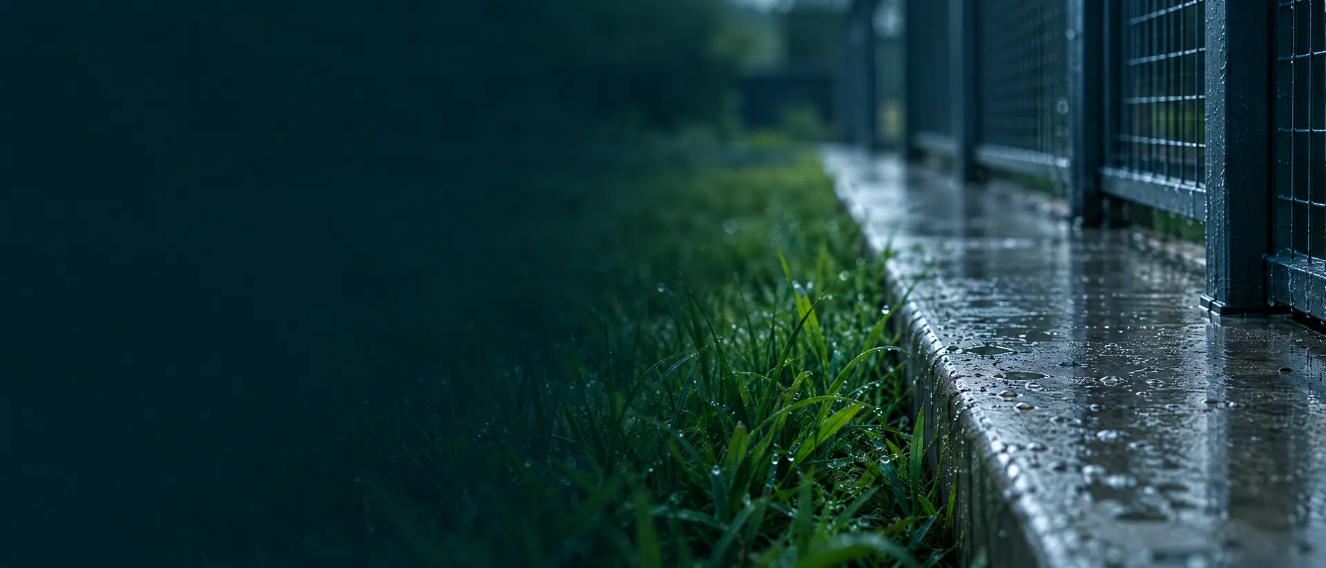 Wet concrete kennel run edge meeting long grass after rain