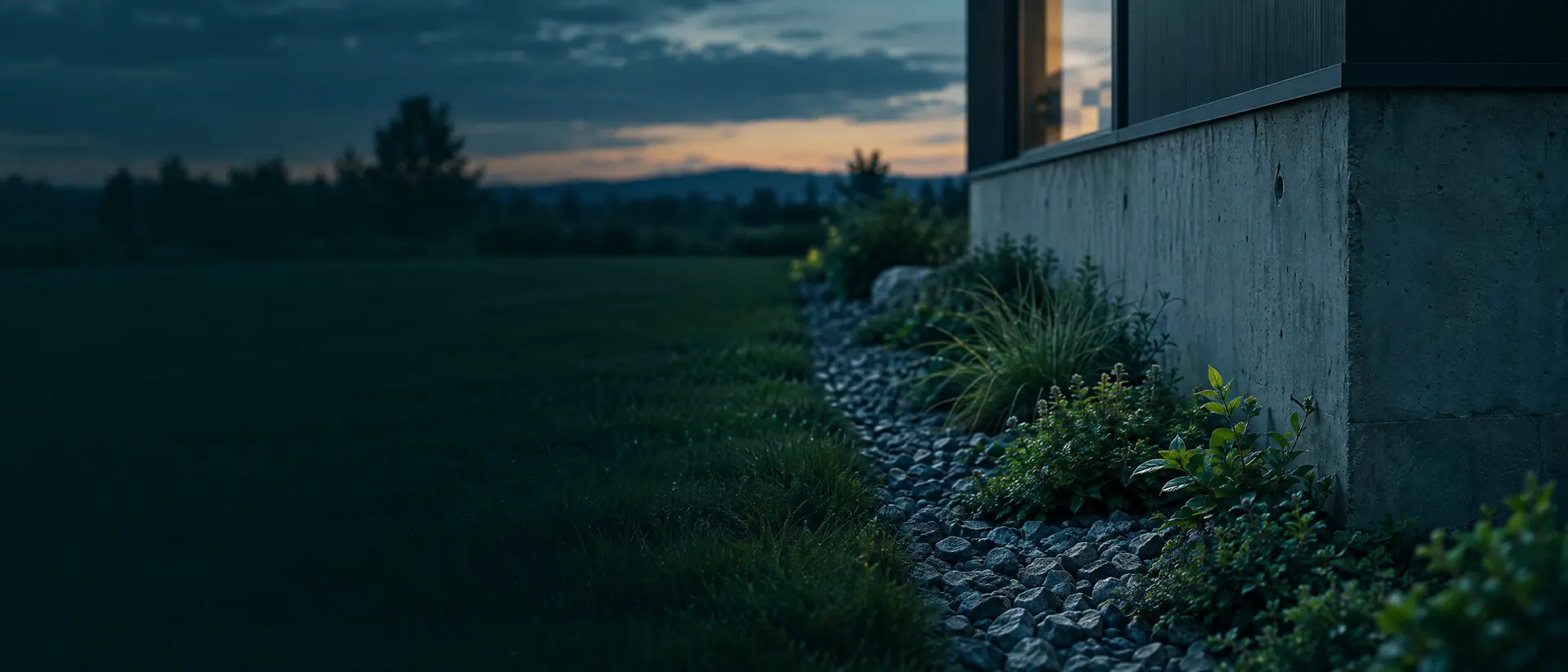Building foundation perimeter with a gravel strip and low plants at dusk