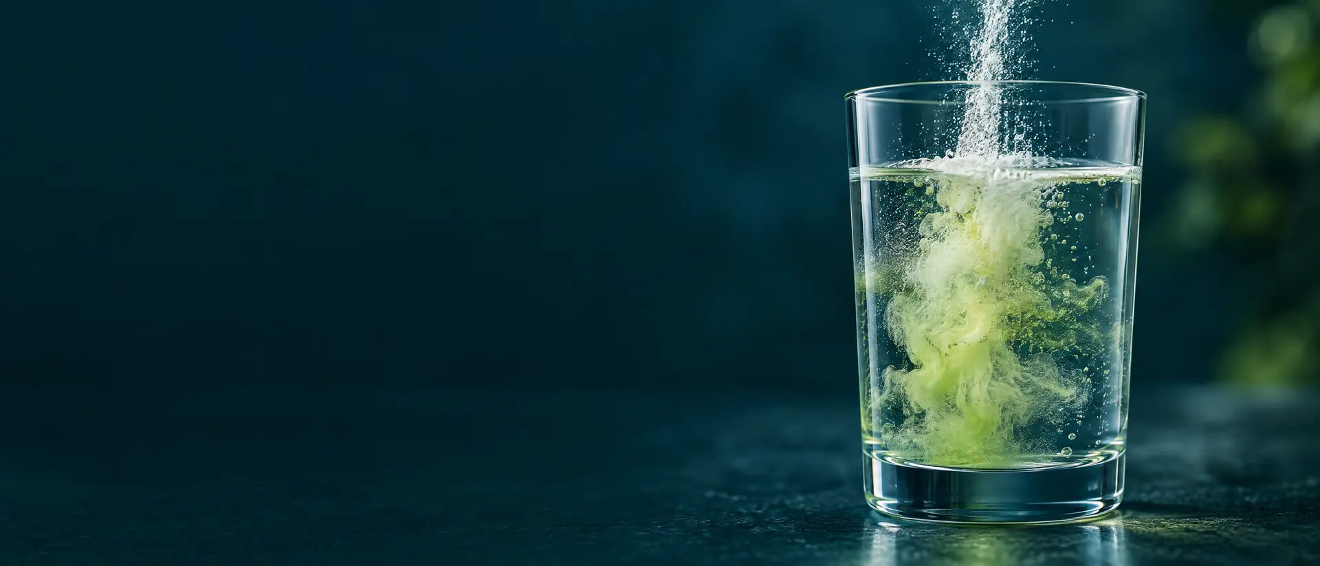 Fine white powder dissolving into clear water, leaving a faint yellow-green tint