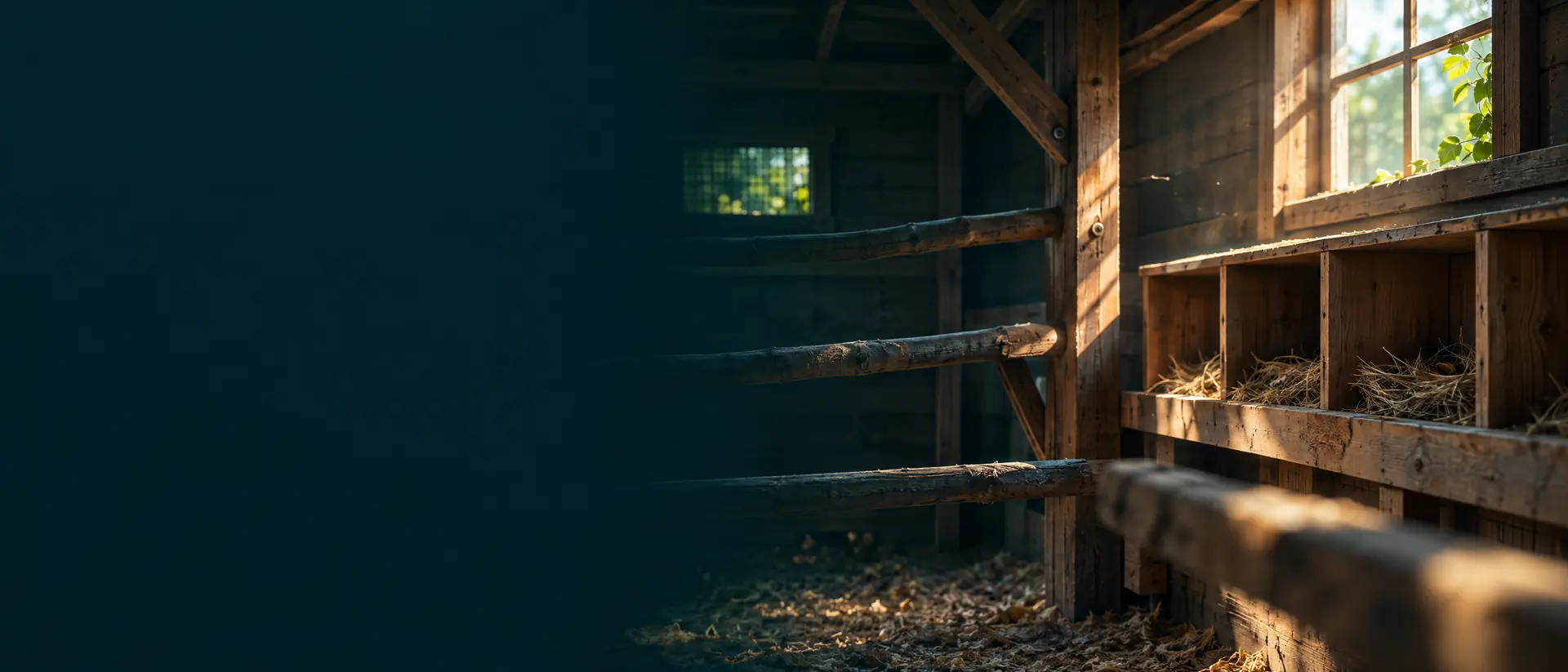 Empty hen house interior with wooden perches and nest boxes in warm dawn light