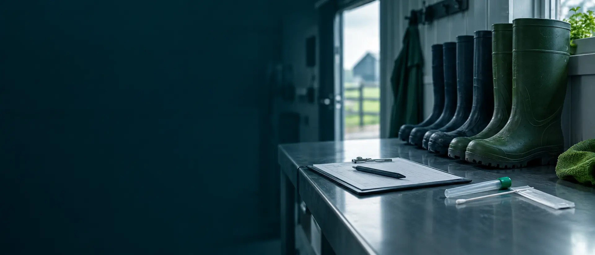 Rubber boots, a clipboard and a swab kit on a bench in a farm anteroom