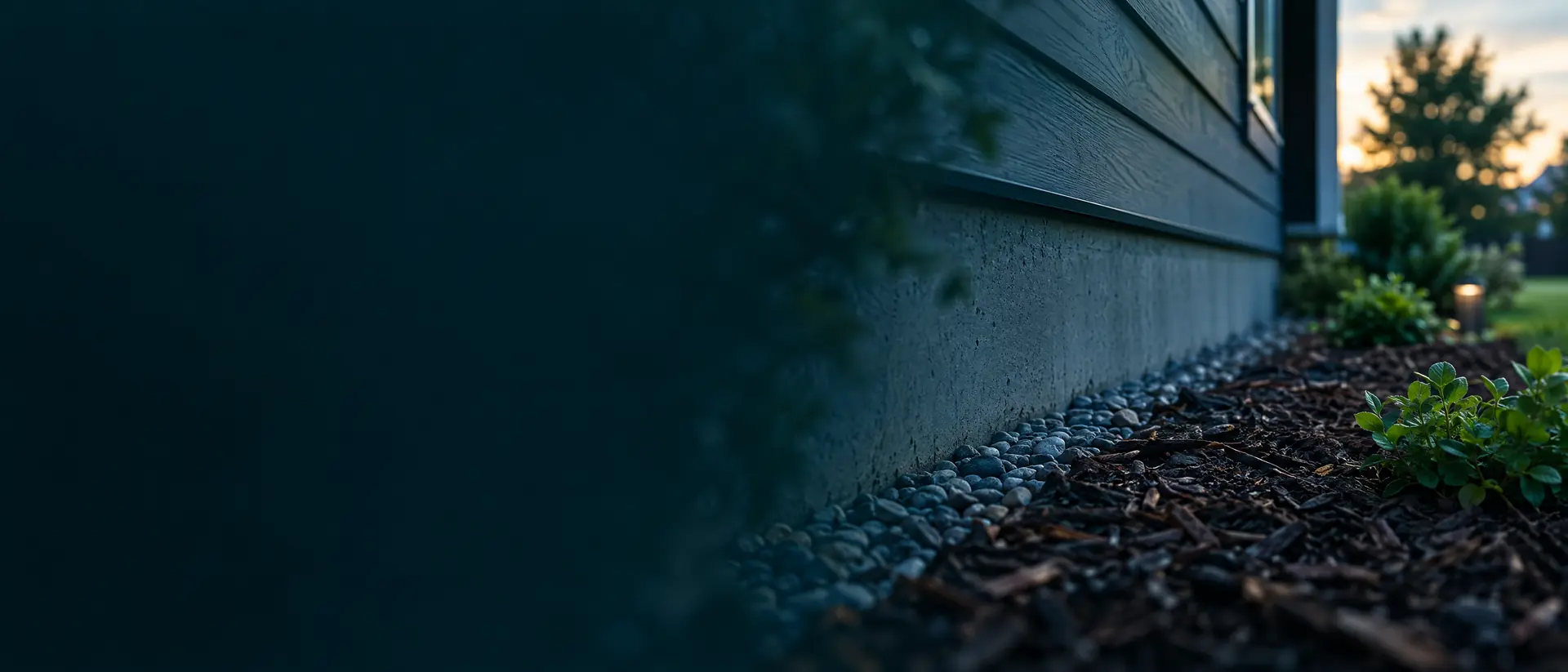 House foundation with a mulch bed and gravel strip at low evening light