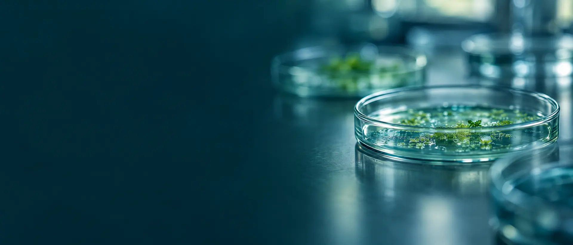 Circular glass petri dishes in soft focus on a lab bench