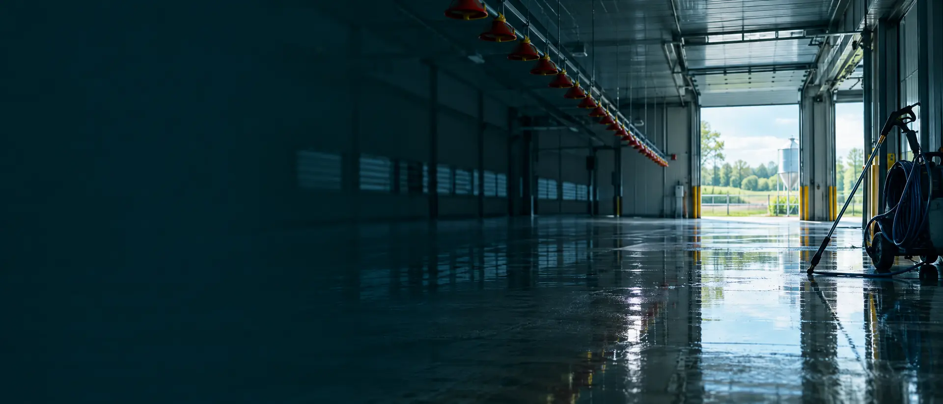 Empty, freshly washed poultry house with a wet concrete floor reflecting light