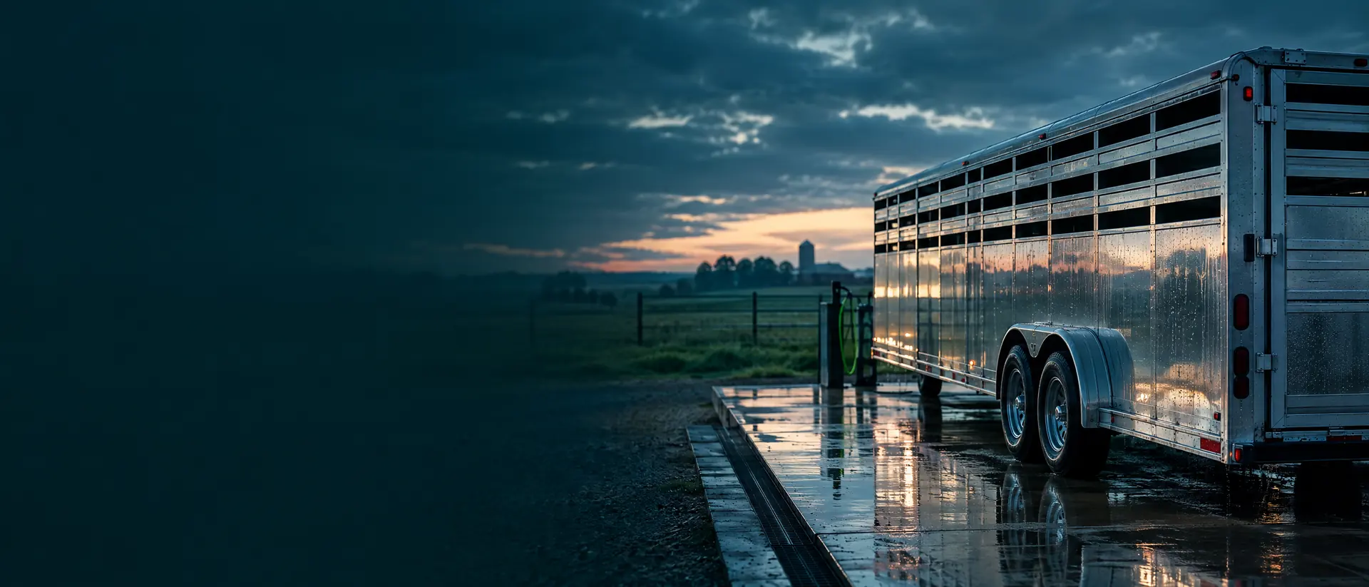 Livestock trailer on a wash pad at dusk with wet aluminum sides