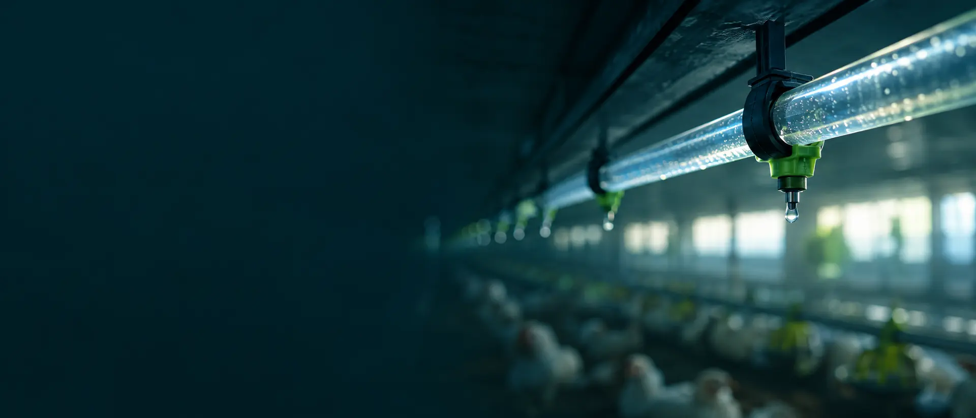 Translucent water line tubing along a poultry house ceiling in backlight
