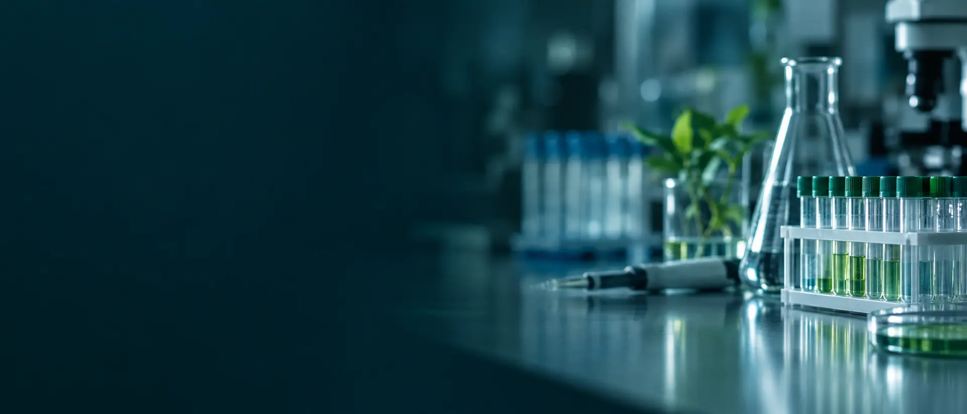 Lab bench with glassware and sample tubes in soft focus