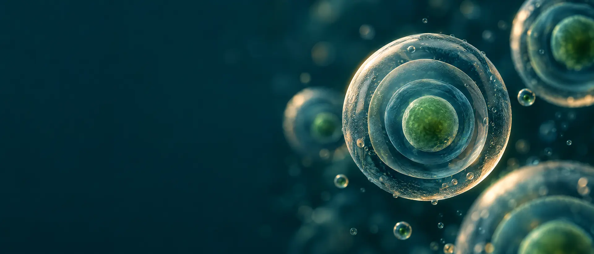 Translucent layered spheres suspended in dark teal liquid with soft warm rim light