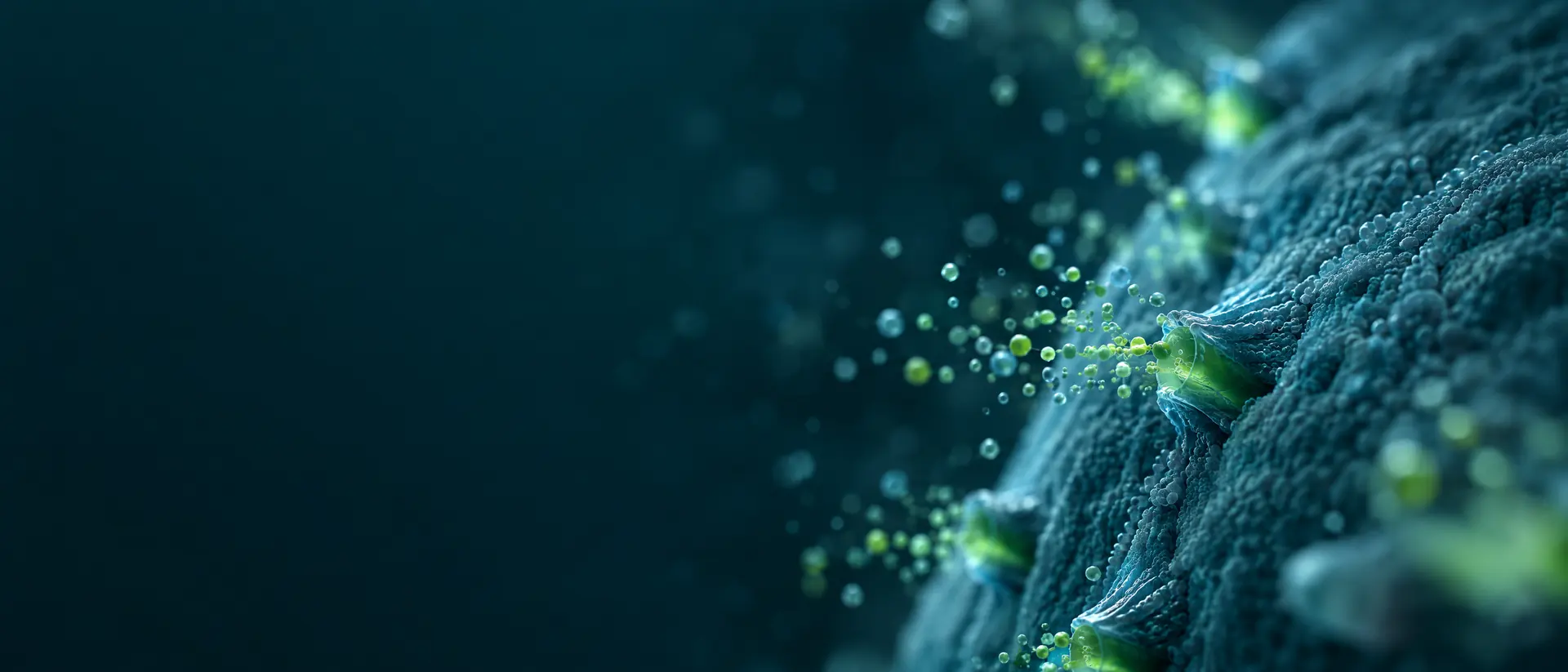 Membrane surface with glowing channels pushing particles outward