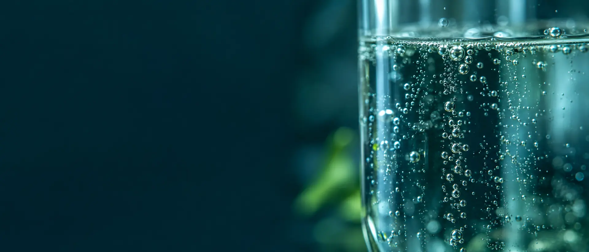 Fine bubbles rising through clear liquid in a backlit glass vessel