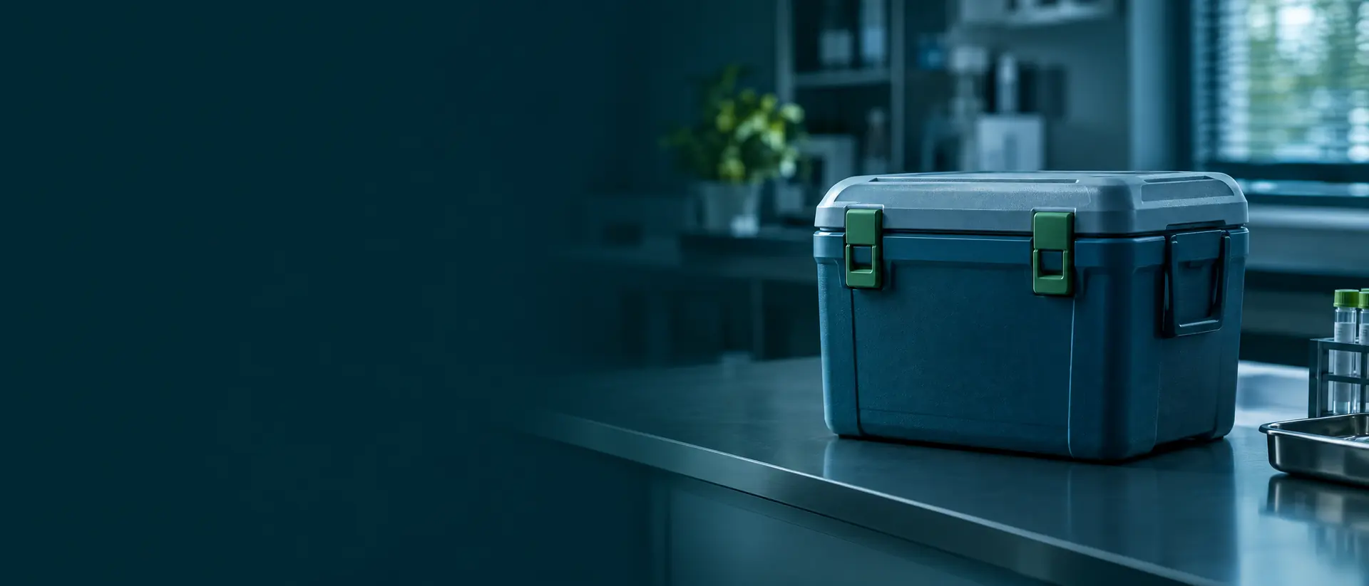 Closed cold-chain cooler box on a clean counter in dim teal light