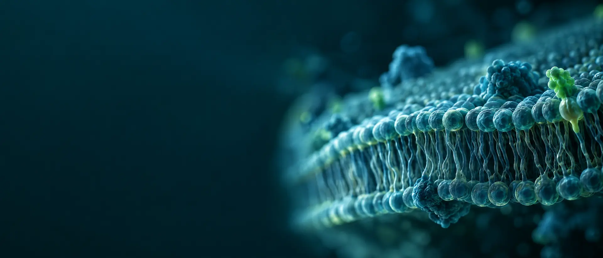 Glowing lipid bilayer surface curving into darkness