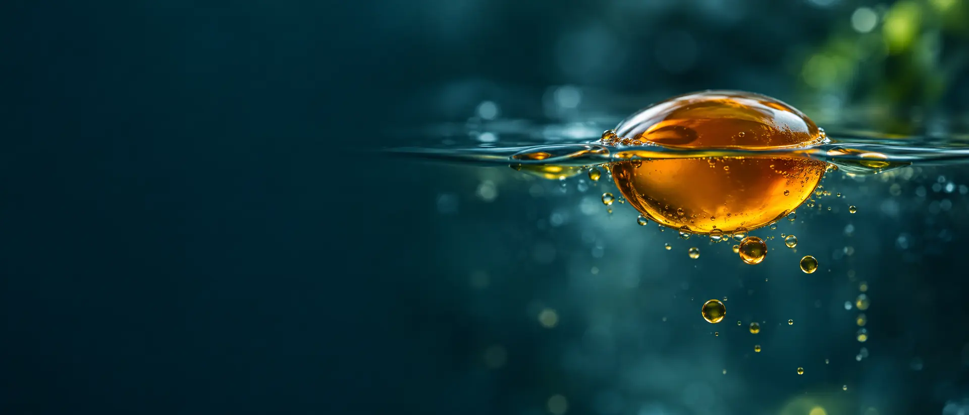 Orange oily droplet beading on clear water in low light