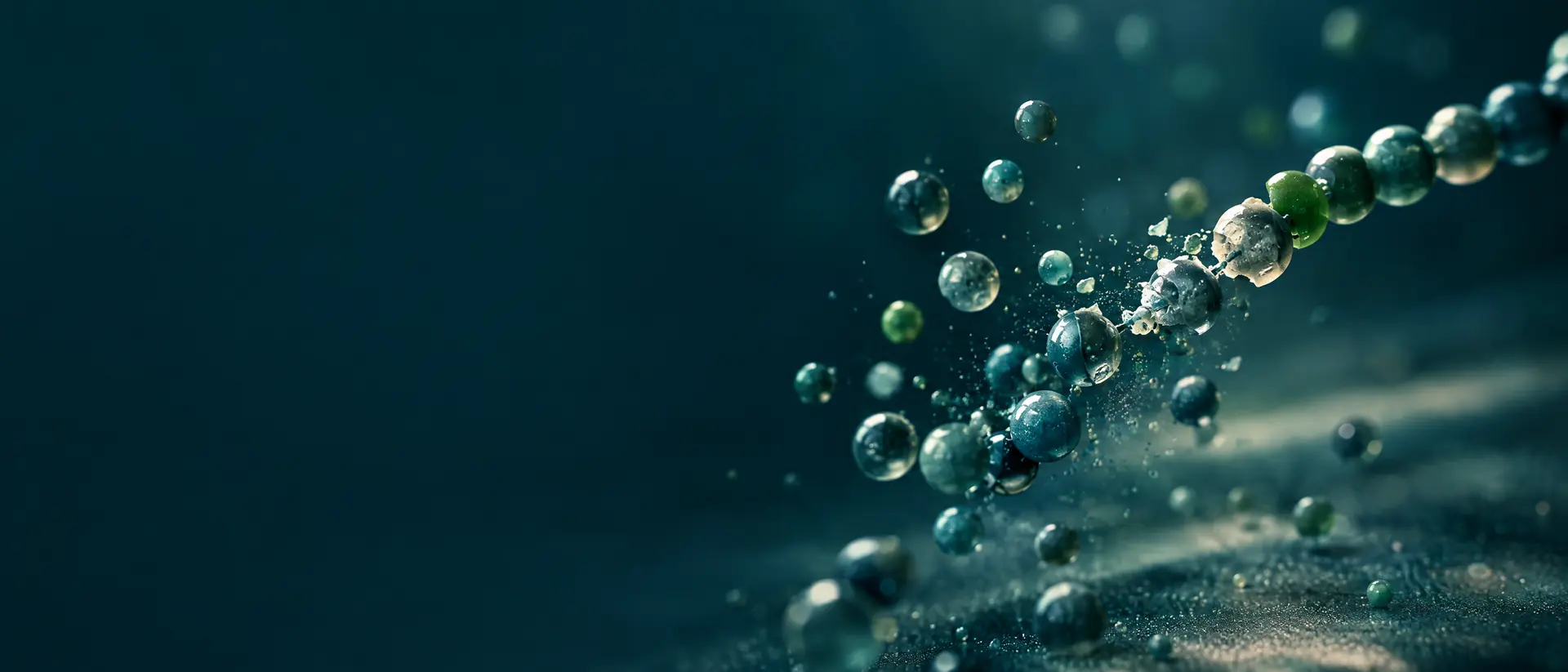 Bead chain breaking into scattered beads in dark teal space