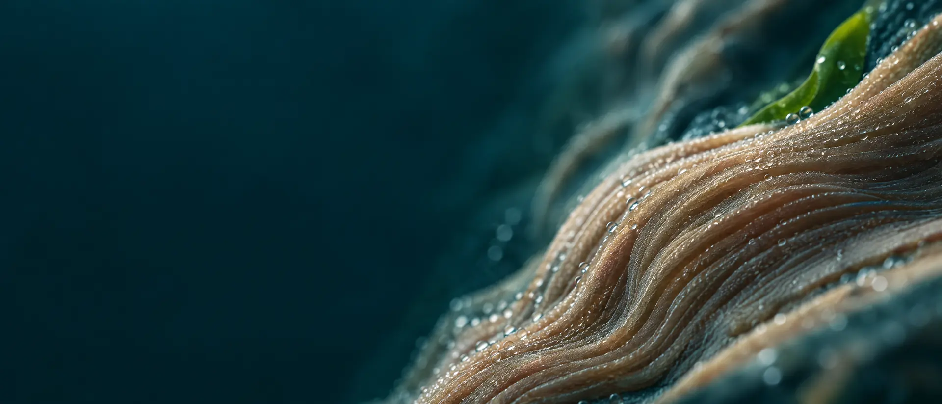 Abstract layered ridges in sand tones against dark teal