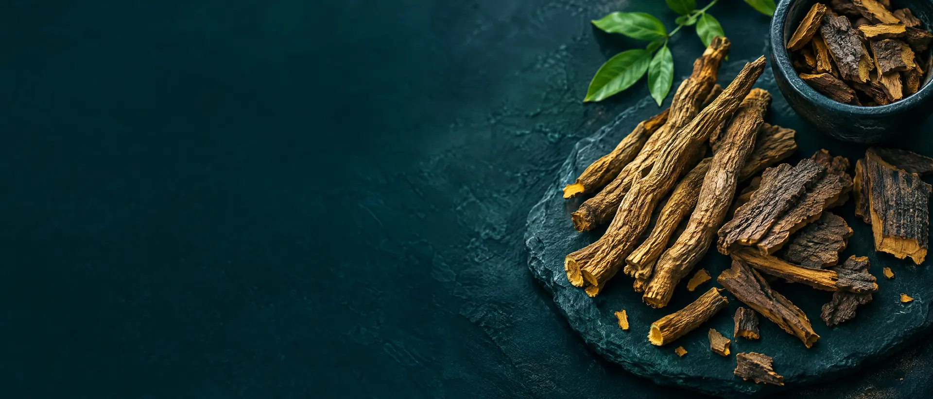 Dried golden roots and bark pieces on dark slate seen from above