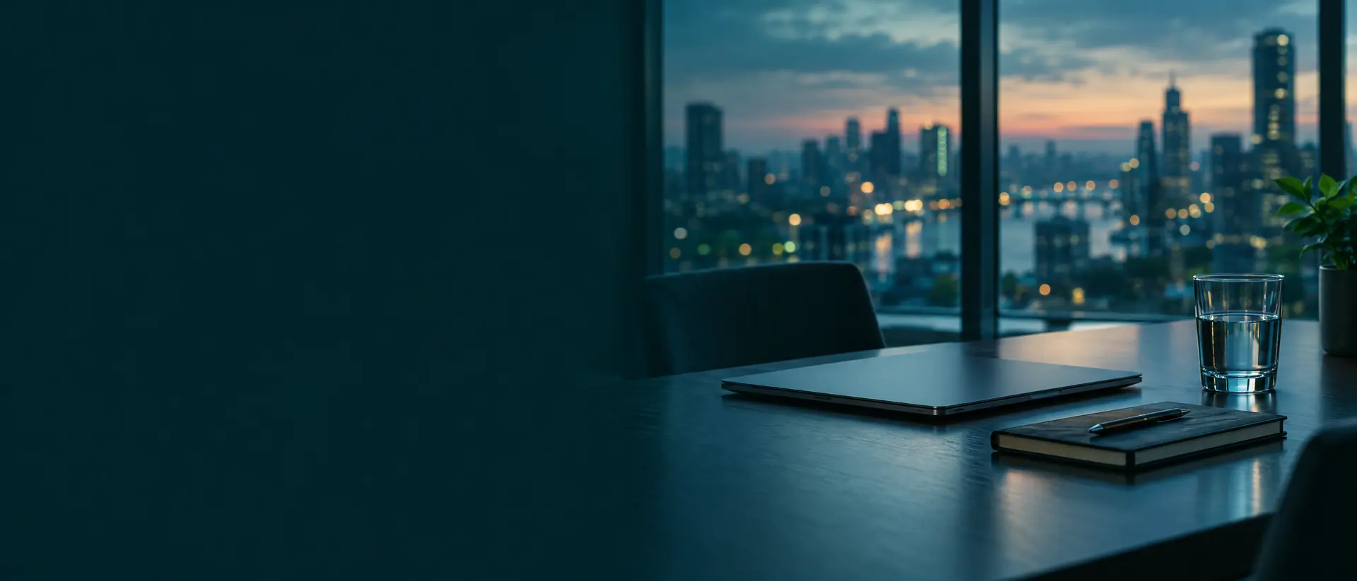Quiet meeting table with a closed laptop, notebook and water glass by a dusk city window