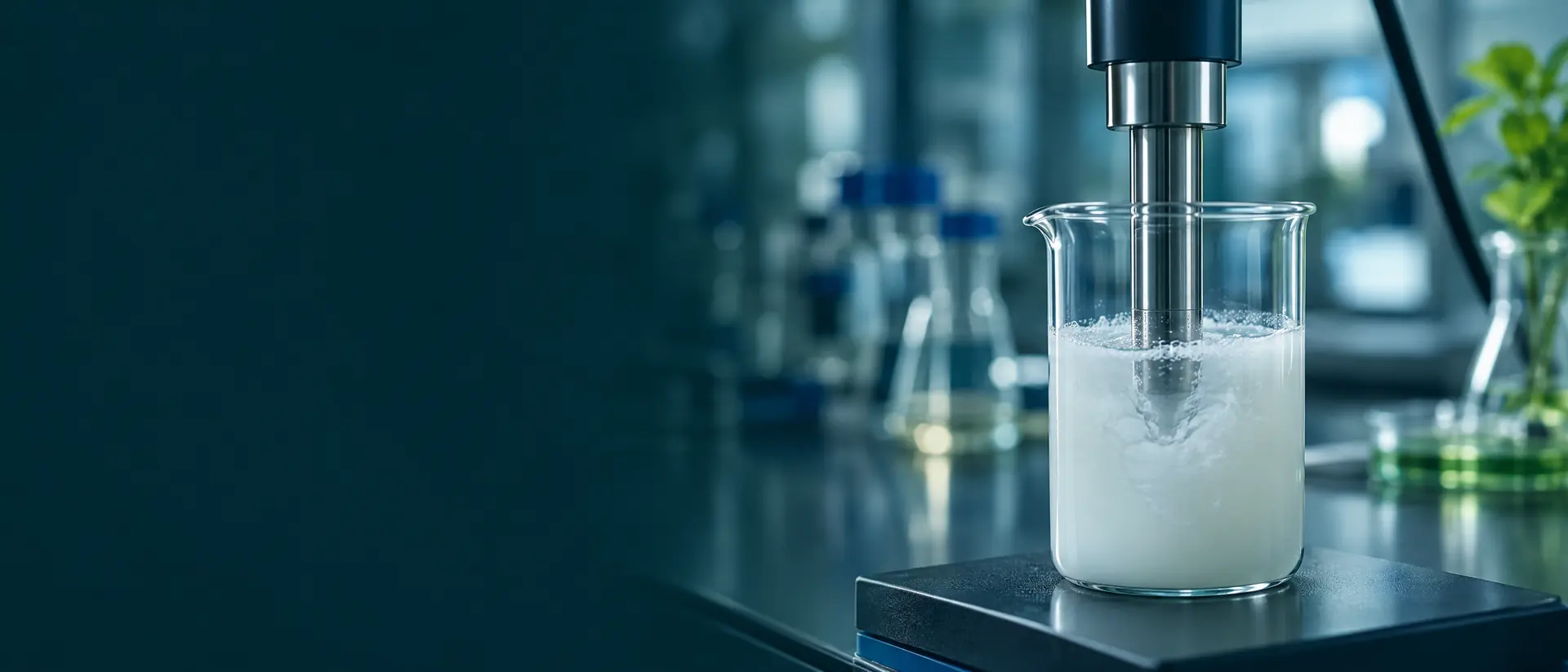 Ultrasonic probe in a beaker of milky dispersion on a softly lit lab bench