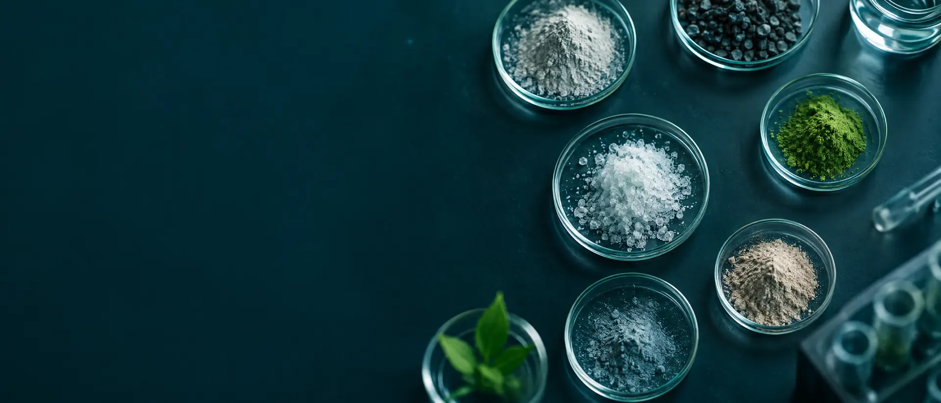 Glass petri dishes of varied powders on a dark lab bench seen from above