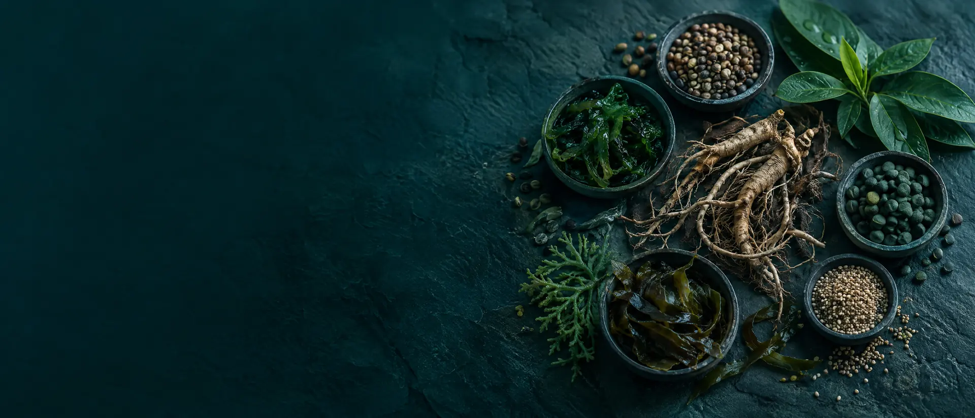 Leaves, roots, seeds and algae arranged in loose circles on dark stone