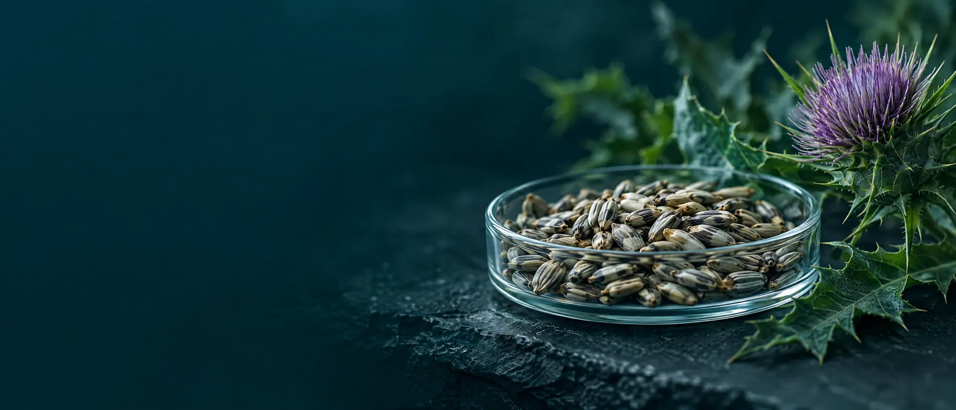 Milk thistle seeds and leaves in a glass dish on dark stone