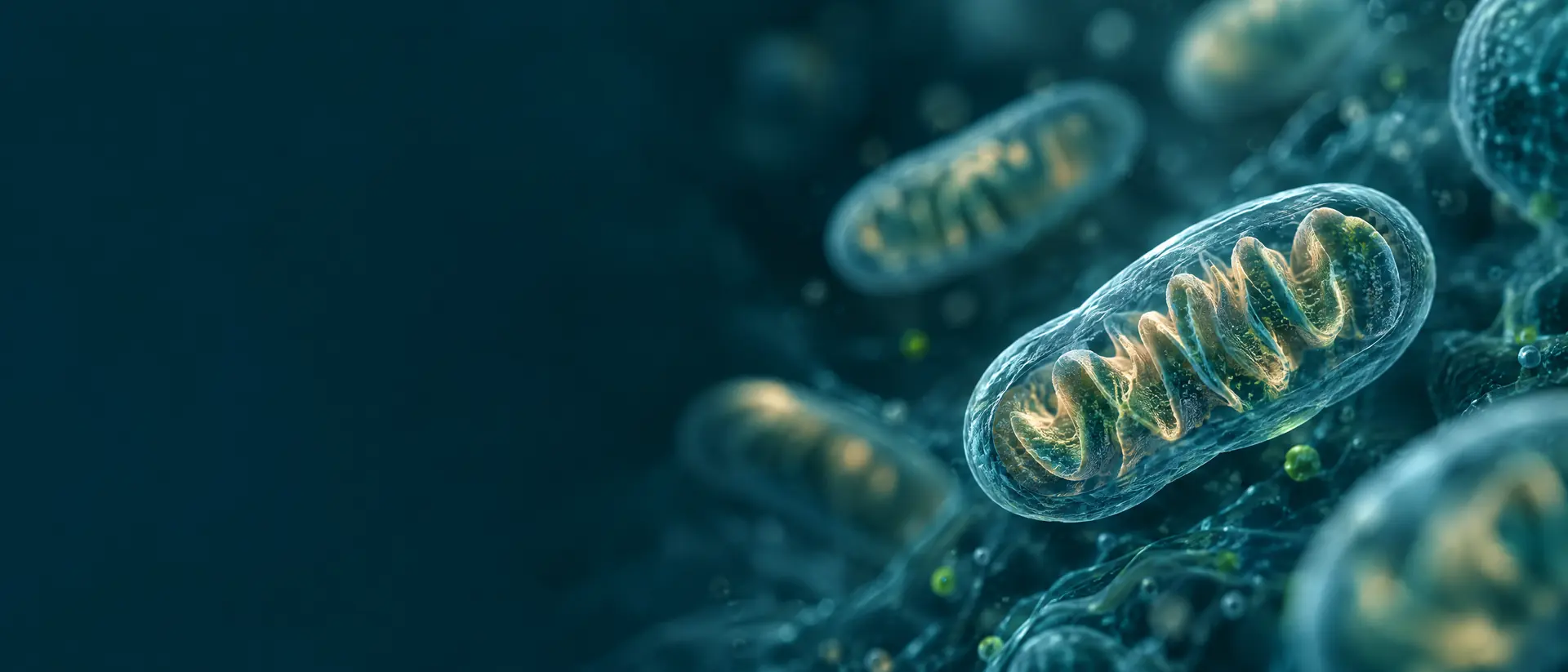 Glowing oval organelle forms in deep teal cytoplasm