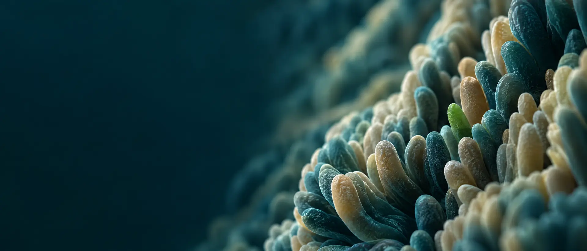 Soft folded villi forms in teal and sand tones