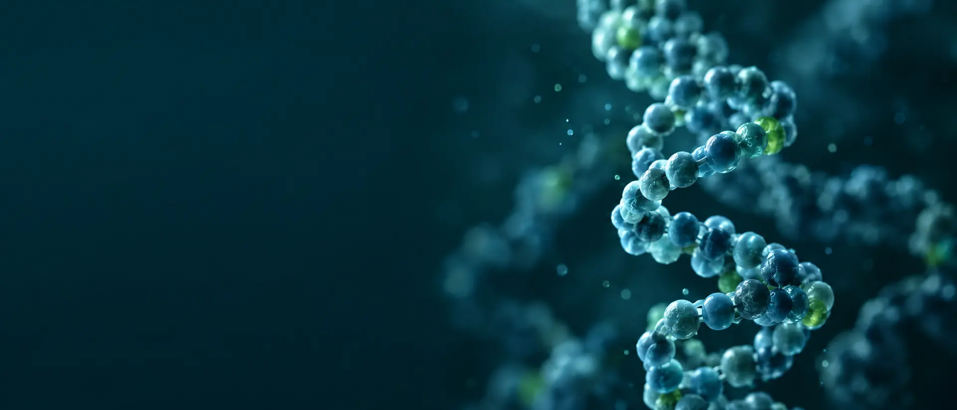 Helical bead-chain molecule glowing in dark teal space
